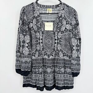 Anthropologie Fig Flower Shirt Womens L Black Mandala Flowy Boho Peasant Sleeve